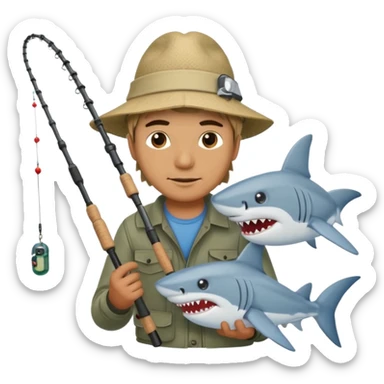 man holding a fishing pole with a shark at the end sticker