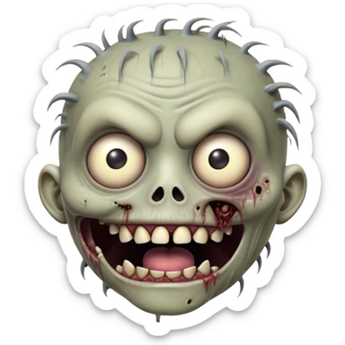 Cinematic Comical Zombie Portrait Emoji, with a grotesquely exaggerated yet playful decaying face in muted ashen tones, head cocked in a dramatically shocked expression with wildly comical, googly eyes and a gaping, silly grin revealing quirky stitches, simplified yet hilariously expressive, highly detailed with a soft eerie glowing outline capturing the absurd humor of a zombie in comic disbelief! sticker