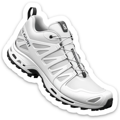 Bare minimum stylized white Salomon XT-6 sneakers in pure iOS emoji style, extremely clean lines, simplified shapes, one shoe behind the other, flat white design sticker
