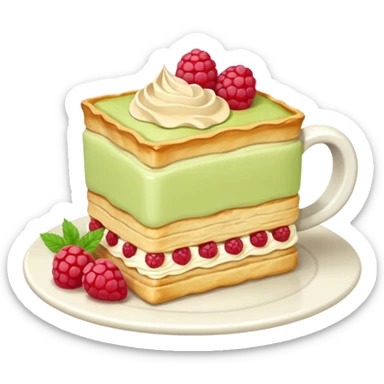rectangular puff pastry tart, golden brown flaky with visible pastry layers. add on top piped rows of pale green cream custard and red raspberries arranged in a line. with a latte on the side in a white mug sticker