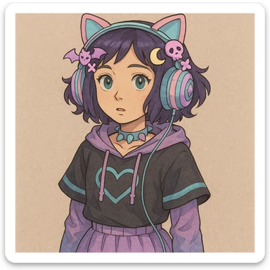 Add cute pastel goth hair clips to the cat ear headphones, keep the style and background as is. Maintain the original look and feel of the image. sticker