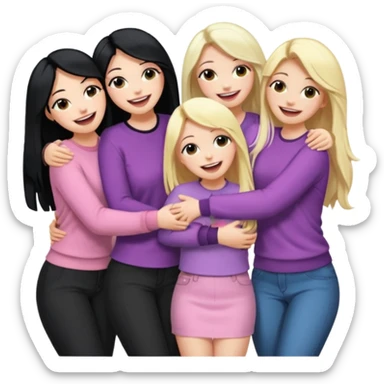 Girlfriend emoji - 5 white girlfriends, two with long dark black hair, one with medium blonde hair, one with long pale pink hair, one with short light blonde hair.  They should be laughing and hugging  sticker