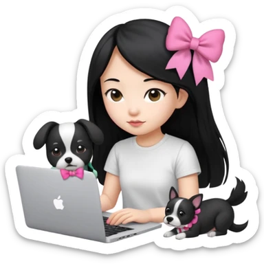 Asian girl long black hair, wearing a white t-shirt, working on an Apple laptop, next to her is a small black and white dog in pink bow sticker