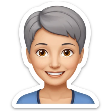 woman 60 years old, shaved short uncombed dark grey hair, brown eyes smile sticker