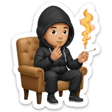 A man sitting on a chair, wearing a black puffed coat with hood, hands in his pocket, smoking a cigaret, he is on a chair i sticker