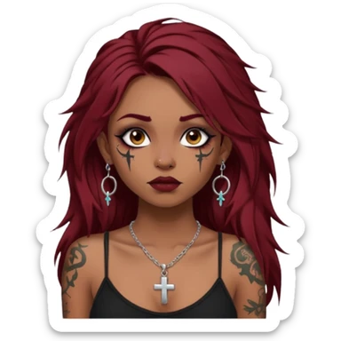 generate an ios genmoji of a dusky girl with long dark red messy hair with eyeliner on her eyes. septum piercing, wearing a cami black top, has tattoos, on shoulders. ear piercings. wearing a cross silver necklace. 


no tattoos on face sticker