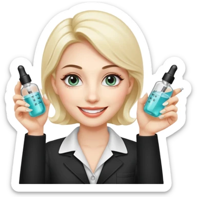 A smiling beautician with cold fake smile, calculating eyes, pointing at your cheek while holding 5 expensive serum bottle. predatory vibe.A face with a fake sweet smile, but the face is slowly consumed by shadows creeping from below. Only the cold, calculating eyes are visible in the dark sticker
