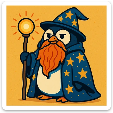 a chubby penguin wizard with a long beard, starry cloak, and a glowing orb, looking wise and mystical sticker
