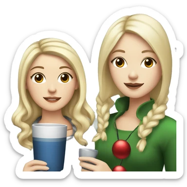 White girl with blonde haired and Asian girl with black hair, drinking tea at Christmas time sticker