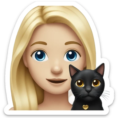 blonde girl with blue eyes and freckles smiling and holding a black cat with golden eyes sticker