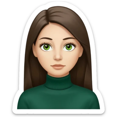 40 year old Adult woman avatar, light skin tone, oval face, long straight ashy brown hair, green almond-shaped eyes with dramatic eyelashes and minimal eyeliner, neutral mouth, medium straight eyebrows, small nose, smooth skin sticker