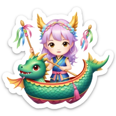 A chibi girl dressed as a dragon boat drummer, holding soft pastel drumsticks, standing in a fluffy dragon boat, colorful festival ribbons flying, sparkles and cute mini fish swimming below, soft pastel colors, watercolor texture, transparent background sticker