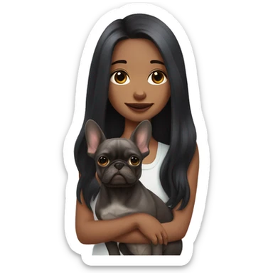 Girl with dark long hair holding Merle Frenchie  sticker