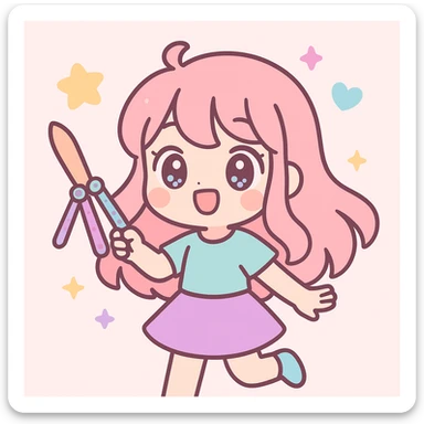 cute anime girl happily playing with a balisong, vibrant colors, big expressive eyes, joyful expression, soft shading, detailed hair, dynamic pose, energetic background sticker