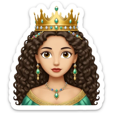 Queen with long dark curly hair, dark brown eyes, light olive skin tone sticker