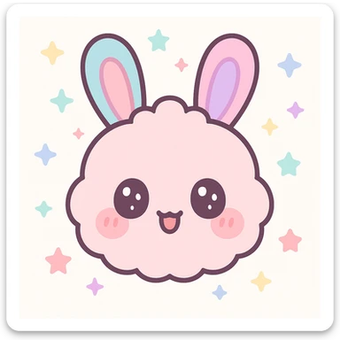 kawaii chibi-style bunny emoji with a round fluffy face, sparkly eyes, blushing cheeks, pastel color palette, happy mood, soft rounded design, anime-style, black background, vector art sticker