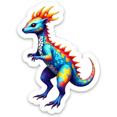 a colorful edgy vernid-fionbri-creature with splash patterns full body sticker