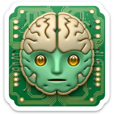 brain emoji designed in the style of a computer circuit board, with green and gold traces, electronic components, and a tech-inspired look sticker