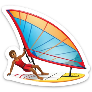 A windsurfer gliding across the ocean, with a vibrant sail catching the wind. The scene captures the motion of the board riding the ocean waves, surrounded by the bright blue sky and ocean, symbolizing the excitement and skill required in the sport of windsurfing. sticker
