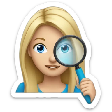 Blonde hair blue eyes woman looking at a laptop with a magnifying glass sticker
