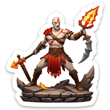 An icon showing a powerful warrior wielding a weapon, ready for battle, inspired by God of War: Ragnarok. The design features a fiery, war-torn landscape with broken statues and lightning in the sky, symbolizing epic combat. Transparent background highlights the action. sticker