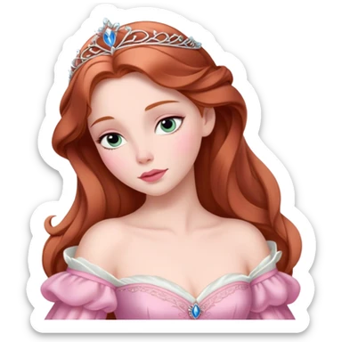 Cinematic Elegant Sleeping Beauty Portrait Emoji, rendered in a realistic, vector-style with minimal shading and bold, simplified shapes. Depict Aurora (Sleeping Beauty) (chest and above) with delicate porcelain skin, soft auburn hair styled gracefully, and gentle, dreamy eyes, dressed in her classic pink gown. The image glows with a soft, enchanting radiance and high shine, capturing timeless regal beauty. sticker