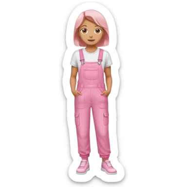 A dancing woman emoji wearing pink overalls, with a neutral or slight smile, simple design, and casual style with white shoes sticker