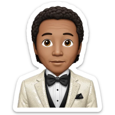 Smokey Robinson with long dark brown hair and short mustache, ivory sequin suit with bow tie  sticker
