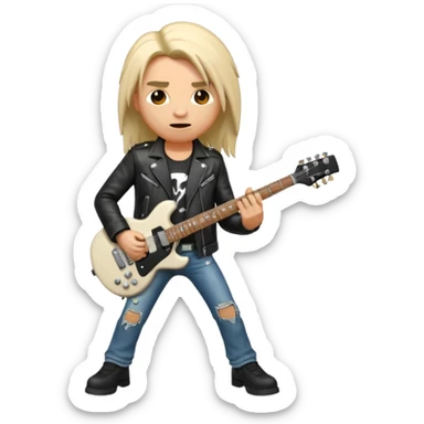 3D Apple-style emoji of a metal musician holding an electric guitar with a bold "ROCK" sign above. Long hair, black leather jacket, ripped jeans, intense expression. Rounded, glossy, smooth, soft shadows, white background.











 sticker