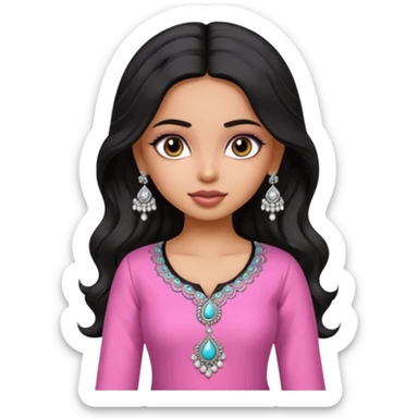 a pretty bratz fair indian girl wearing a pink kurti,  Silver jhumkas, black wavy hair sticker