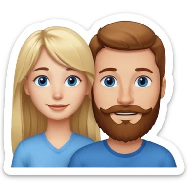Woman with blue eyes and long blond hair and a bang in love with brown hait man with beard and freckles sticker