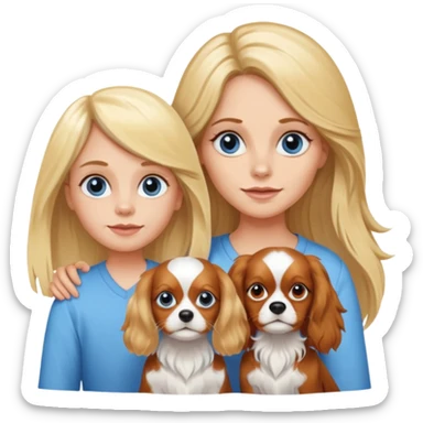 Blond Mom with a little blue eyed girl. The girl has long blonde hair. And with tricolora cavalier charles spaniel  sticker