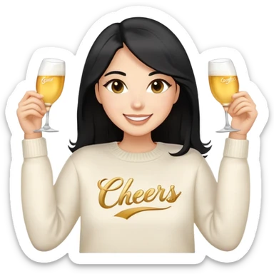 A woman with longer black hair, light to medium skin tone, full cheeks, and almond-shaped eyes, wearing a simple white sweater with the word 'cheers' in gold script, joyful and radiant expression, cheerful, emoji style, just her torso. sticker