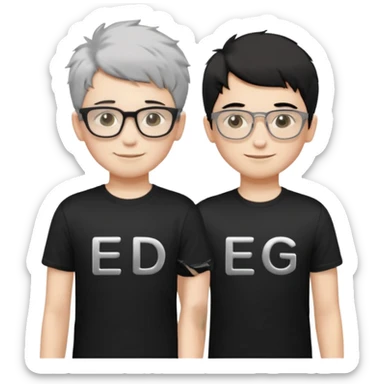 2 boys standing together. oner wearing black t-shirts with the letters 'EDG' fluffy short hair and silver rectangular glasses. the other one has black hair, smiled brightly, no glasses. the one who has no glasses is taller sticker