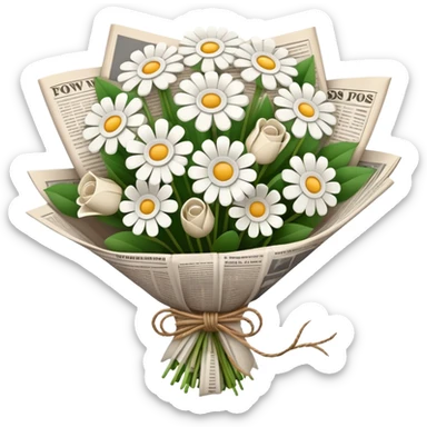 White Flower bouquet wrapped with a news paper  sticker