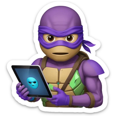 Donatello from Teenage Mutant Ninja Turtles, emoji style, using a tablet with a hacking screen, with a blue hacking interface sticker