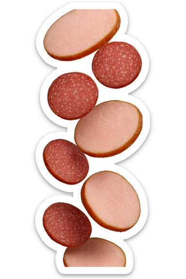 fettine di prosciutto cotto e di salame fluttuano in aria verticalmente, IPERREALISTICA 4K sticker