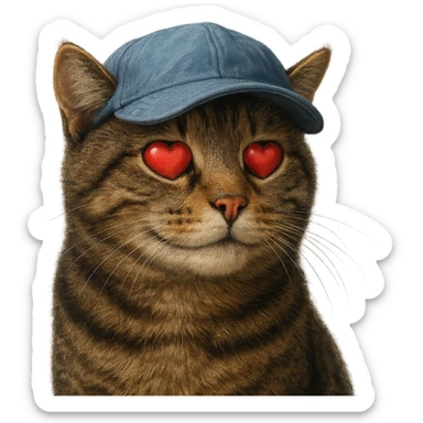 Make the cat with a love expression (heart eyes or loving smile) look a little more realistic, keep the blue cap, and set the background to transparent. The style should maintain the original look but with enhanced realism. sticker