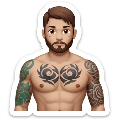 tattoo man, full  white skintone,brown hair, tattoos on face, more visible, bulky man with tattos on his chest, heavy tattoos. sticker