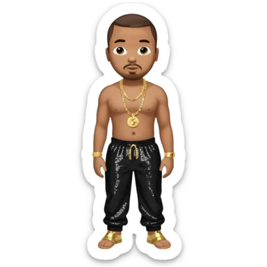 Timbaland with dark brown hair, black sequin baggy pants, shirtless with necklace sticker