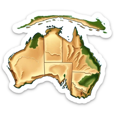 Outline and Landmass of Australia – map of Australia, featuring its distinct coastline and iconic landmass shape. The deep blue ocean surrounds the golden-brown continent, with subtle topographic details highlighting its vast deserts, lush forests, and rugged coastline. A soft glow accentuates the edges, making the shape unmistakable. sticker