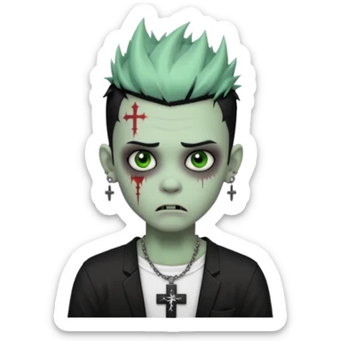 zombie boy with spiky emo black hair and white shirt , tattos, a risk on the eyebrow, earings,  a necklace with a cross, green skin emoji  sticker