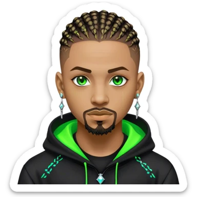 Light skinned African American male with green eyes as a cyberpunk hacker with cornrows hairstyle but short cornrows  with goatee facial hair with small diamond stud earrings wearing a hacker hoodie sticker