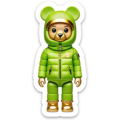 museum-quality bearbrick figure with perfect cubic proportions, lime green balaclava with seamless integrated golden visor lens, ultra-luxury designer down jacket with prominent branding and premium plush fur trim throughout, detailed gold chain accessories, fashion statement piece sticker