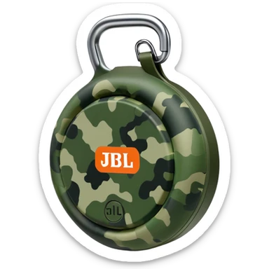 Highly simplified JBL Clip 4 speaker with proper circular form and carabiner clip, subtle green camouflage pattern, iOS emoji style sticker