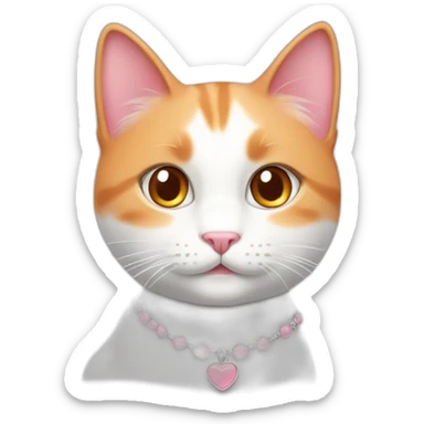 white orange cat cute with a small brown eyes and a paw pink necklace sticker