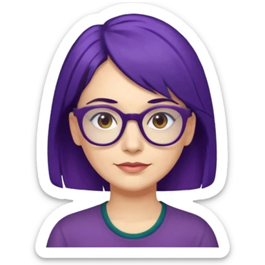 Cartoon 50-year-old youthful woman with purple glasses, brown eyes, and indigo hair to her shoulders in a dark green shirt. sticker