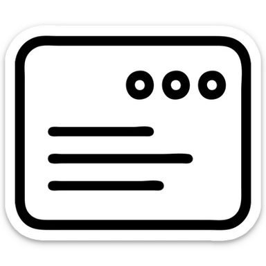 minimalistic bold white line icon in Netflix UI style, card with three small circles and horizontal lines, clean geometric lines, perfectly readable at small sizes sticker