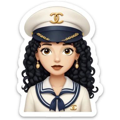 tan androgynous person with long black curls wearing a sailor outfit with a white sailor hat and a chanel bag sticker