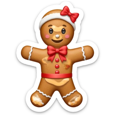 Gingerbread man with a red bow with white logotype "S" sticker